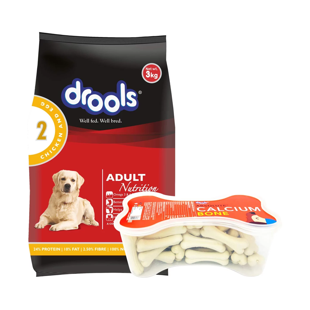 Drools - Chicken and Egg - Adult - Dog Food - (3 kg + 20 pcs Bone Combo)