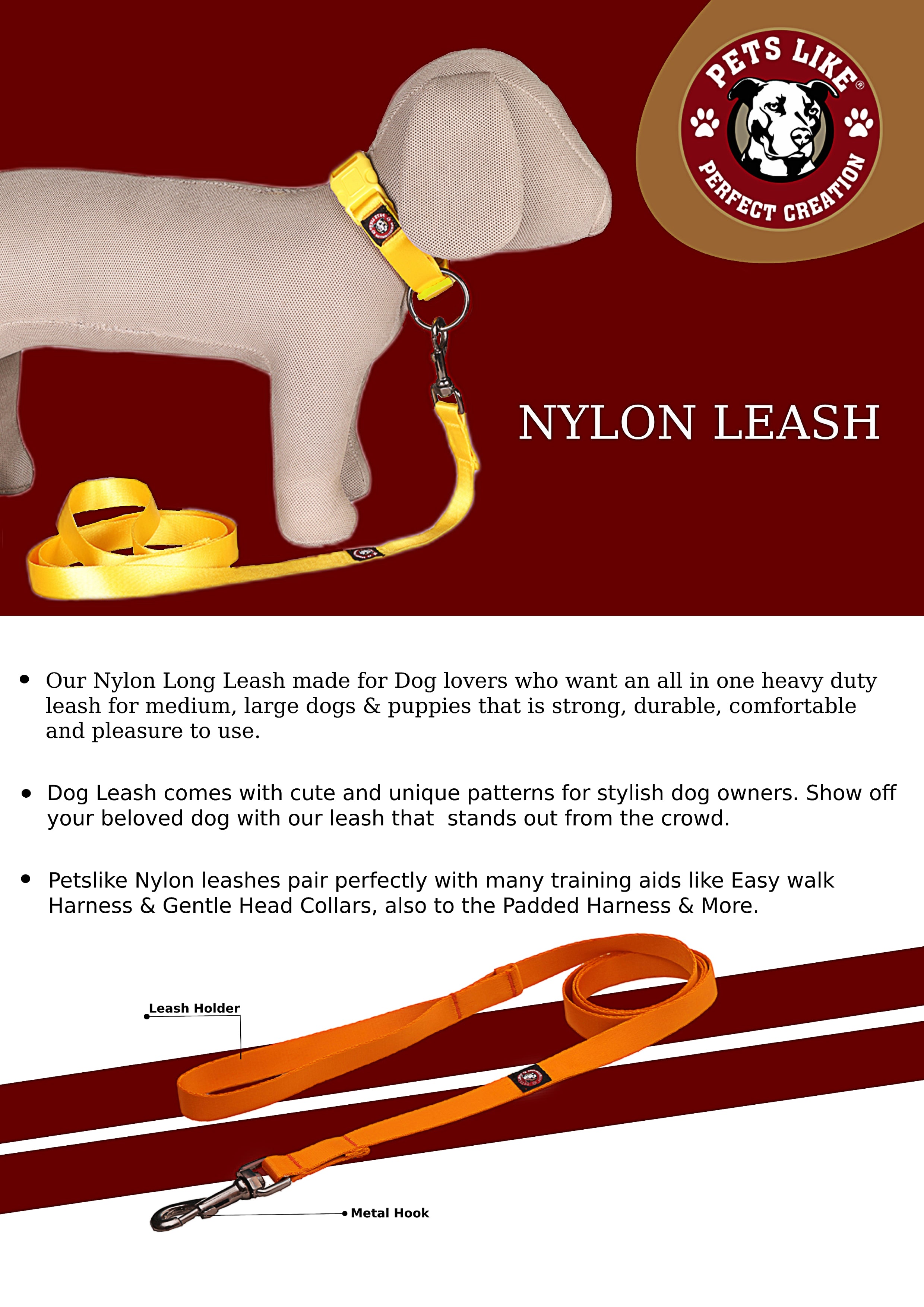 Nylon Dog Leash with Comfortable Grip and Multiple Colour Options