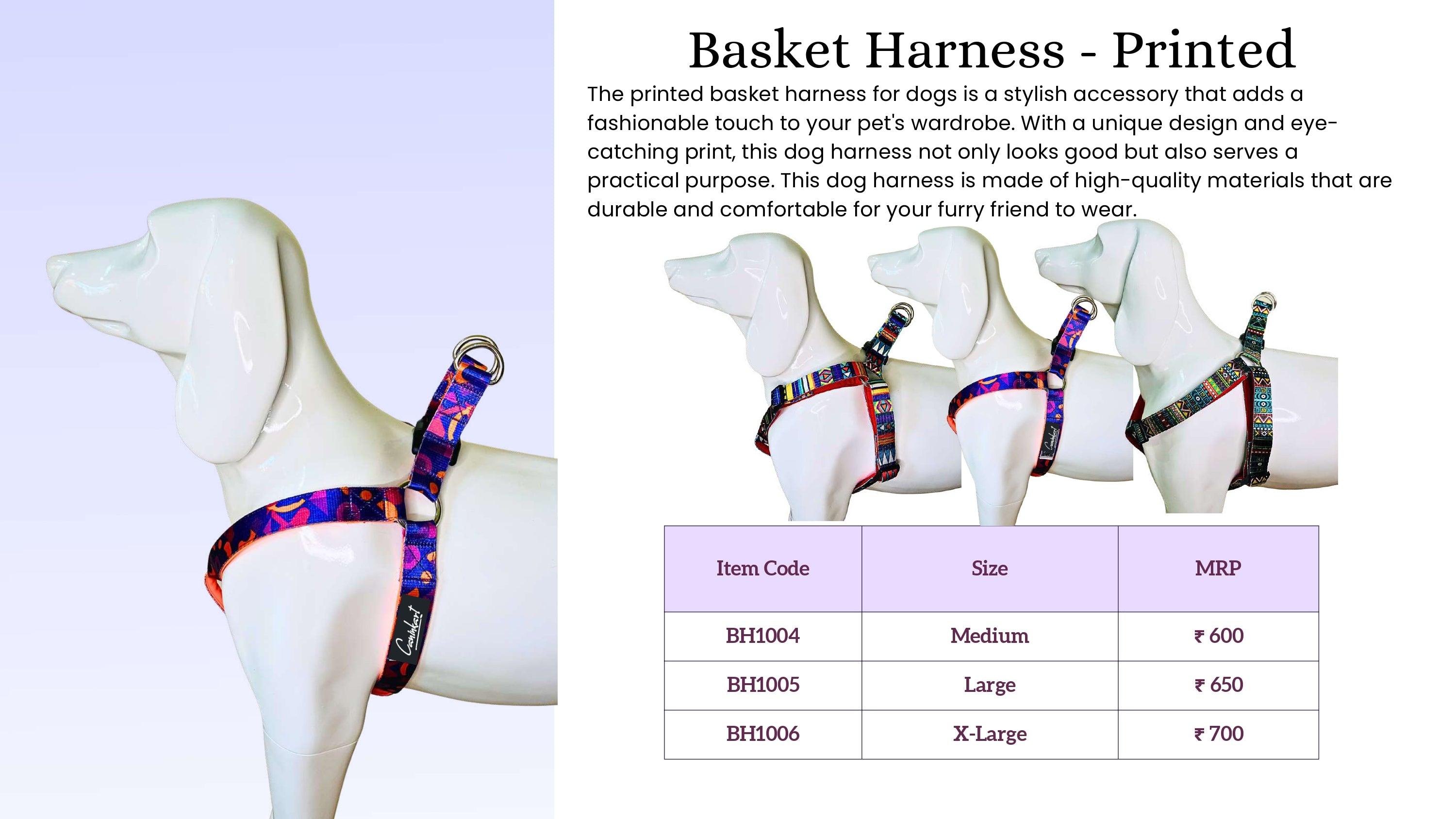 Printed Basket Harness for Dogs, Adjustable Stylish Dog Harness