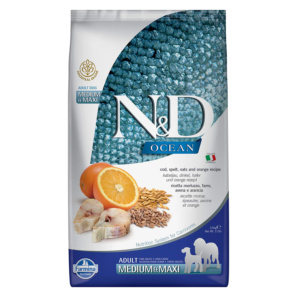 Farmina N&D Ocean - Spelt, Oats, Codfish & Orange - Grain Free - Adult Dog Dry Food - Medium & Maxi Breed